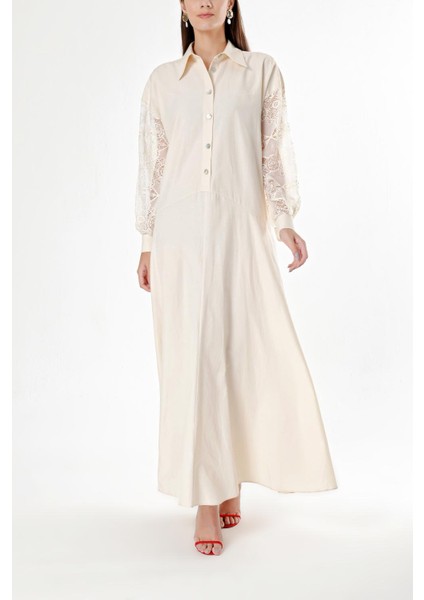 Bej Dantel Detaylı Bol Kesim Elbise 94180