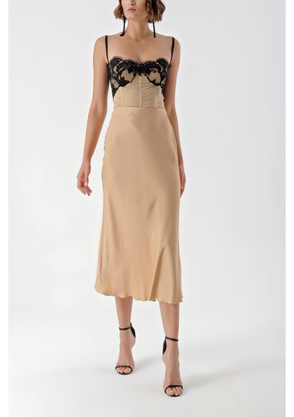 Bej Beli Lastikli Etek 81248