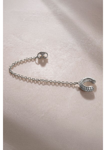 Gümüş Zincirli ve Kristal Taş Detaylı 925 Ayar Gümüş Kıkırdak Küpe 46