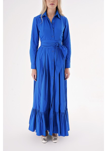 Mavi Kemerli Etek Ucu Büzgülü Uzun Gömlek Elbise 94207 fiyatları