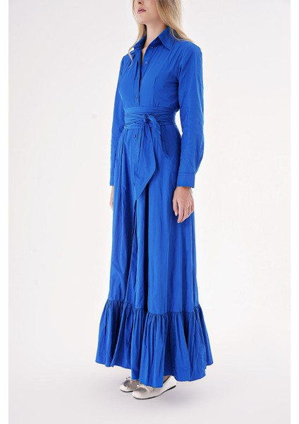 Mavi Kemerli Etek Ucu Büzgülü Uzun Gömlek Elbise 94207 modelleri