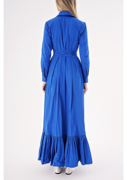 Mavi Kemerli Etek Ucu Büzgülü Uzun Gömlek Elbise 94207 fırsatları