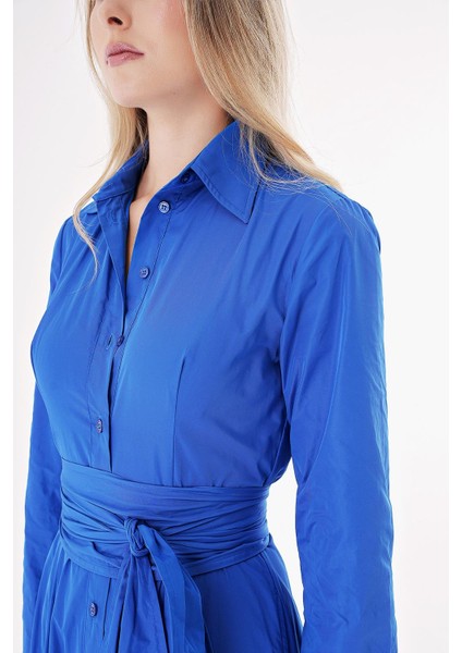 Mavi Kemerli Etek Ucu Büzgülü Uzun Gömlek Elbise 94207 indirimleri