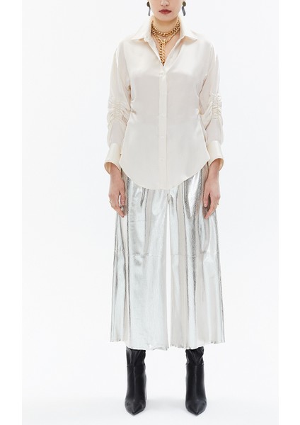 Bej Kolu Büzgülü Dar Kesim Gömlek 10756