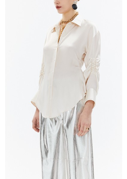 Bej Kolu Büzgülü Dar Kesim Gömlek 10756 modelleri