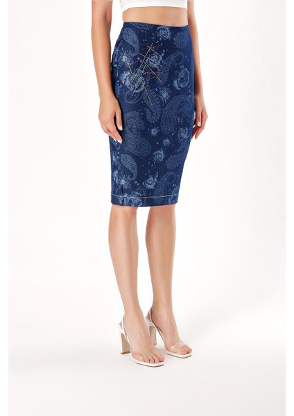 Lacivert Taş Baskılı Kalem Etek 80686