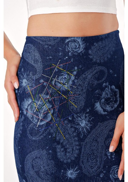 Lacivert Taş Baskılı Kalem Etek 80686