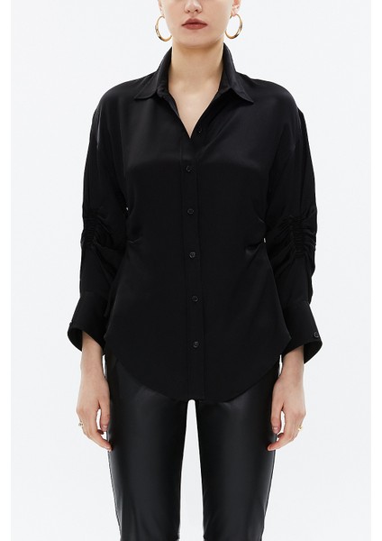 Siyah Kolu Büzgülü Dar Kesim Gömlek 10756 fiyatları