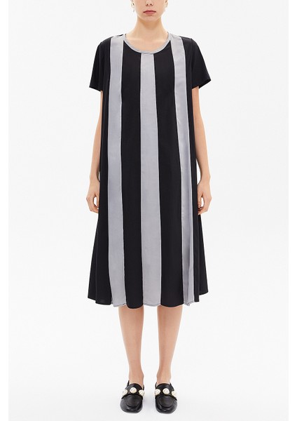 Siyah Kontrast Renkli Bol Kesim Midi Elbise 92809