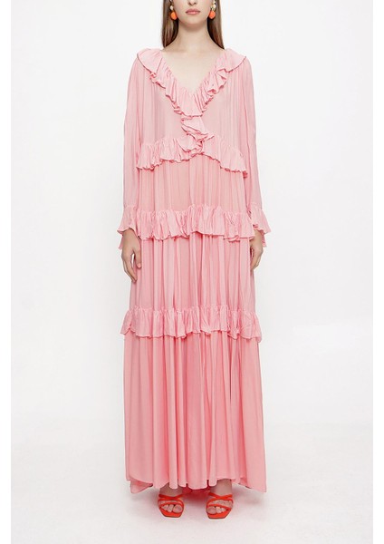 Pembe Büzgülü Bol Kesim Elbise 94037