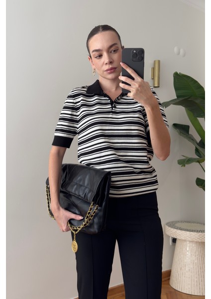 Marka Model Polo Yaka Çizgili Triko Kazak- Siyah