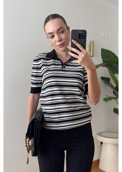 Marka Model Polo Yaka Çizgili Triko Kazak- Siyah fiyatları