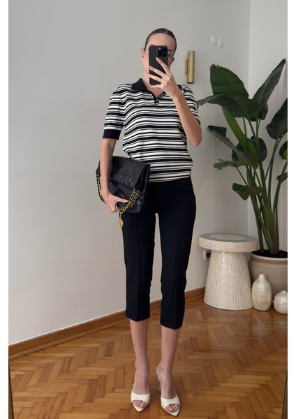 Marka Model Polo Yaka Çizgili Triko Kazak- Siyah modelleri