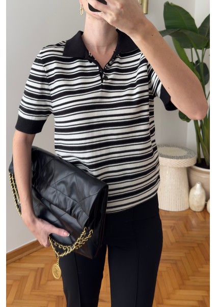 Marka Model Polo Yaka Çizgili Triko Kazak- Siyah fırsatları