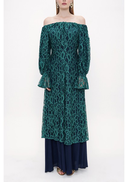 Yeşil Düşük Omuzlu Dantel Elbise 93803