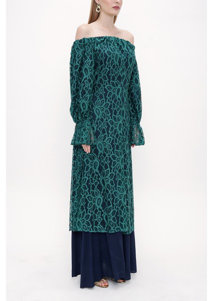 Yeşil Düşük Omuzlu Dantel Elbise 93803