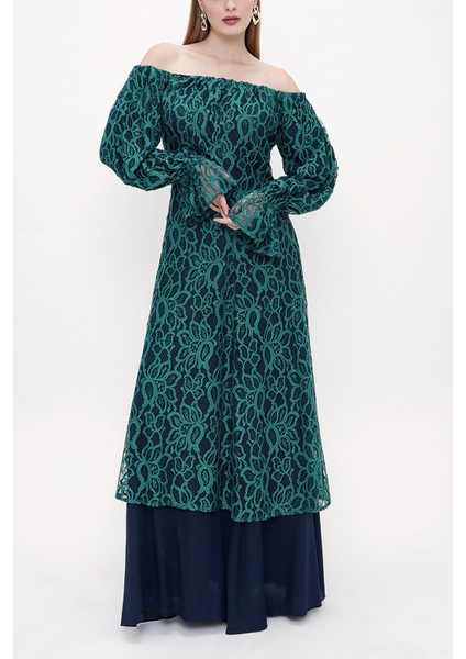 Yeşil Düşük Omuzlu Dantel Elbise 93803