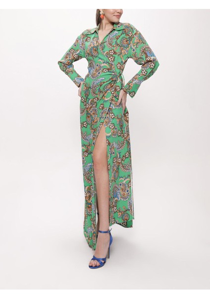 Yeşil Anvelop Kapama Uzun Elbise 94177