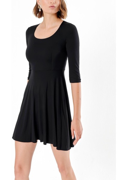 Siyah Kemerli Dirsek Kollu Mini Elbise 91218 modelleri