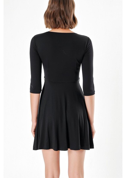 Siyah Kemerli Dirsek Kollu Mini Elbise 91218 fırsatları