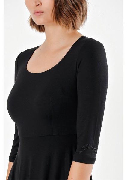 Siyah Kemerli Dirsek Kollu Mini Elbise 91218 indirimleri