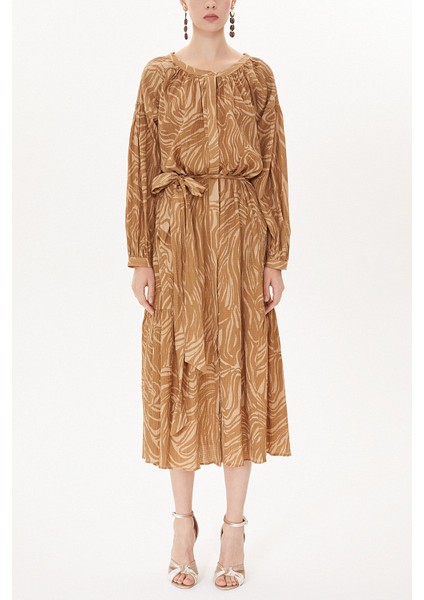 Bej Büzgülü Midi Elbise 93401