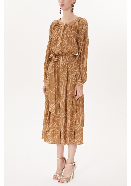 Bej Büzgülü Midi Elbise 93401 fiyatları