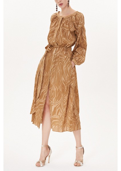 Bej Büzgülü Midi Elbise 93401 indirimleri