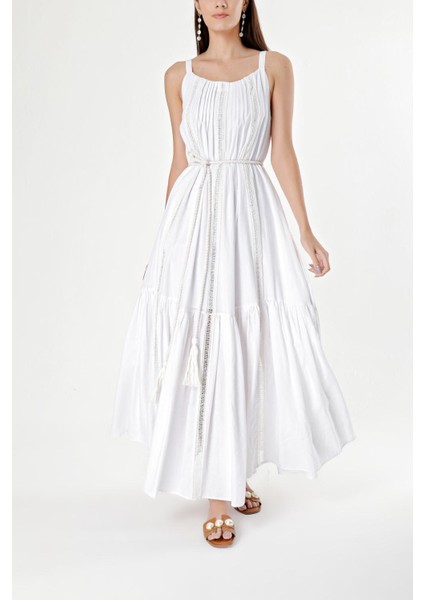 Beyaz Kolsuz Dantel Detaylı Vual Elbise 93928