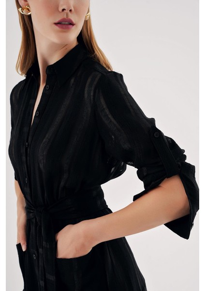 Siyah Büzgülü Beli Lastikli Uzun Gömlek Elbise 94570 indirimleri