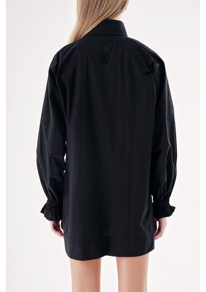 Siyah Yüksek Yaka Bağlamalı Bol Kesim Mini Gömlek Elbise 94462 fırsatları