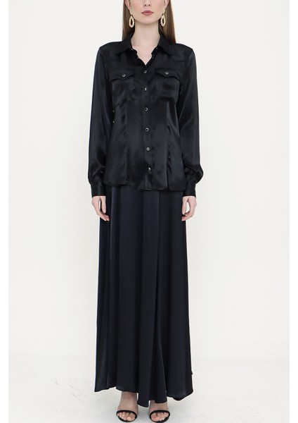 Siyah Çıt Çıtlı Bele Oturan Gömlek 10759