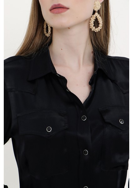 Siyah Çıt Çıtlı Bele Oturan Gömlek 10759 fırsatları