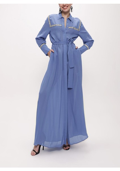 Mavi Şerit Aksesuarlı Kemerli Uzun Gömlek Elbise 94153