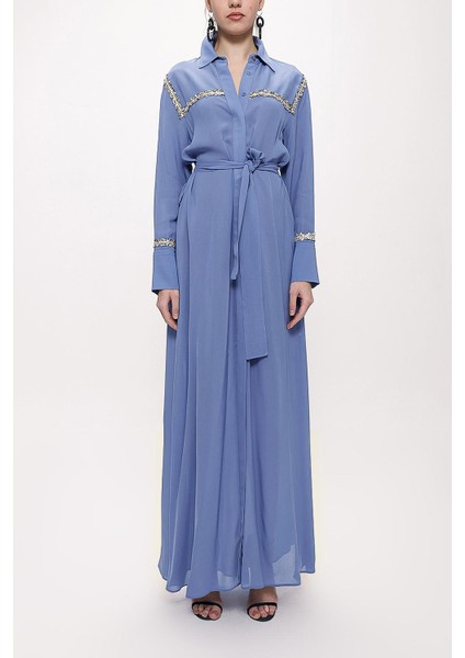 Mavi Şerit Aksesuarlı Kemerli Uzun Gömlek Elbise 94153 fiyatları