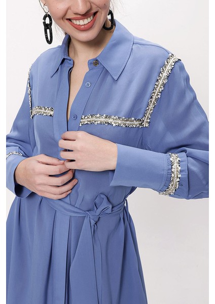 Mavi Şerit Aksesuarlı Kemerli Uzun Gömlek Elbise 94153 indirimleri
