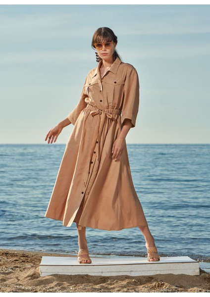 Bej Bol Kesim Keten Gömlek Elbise 93564