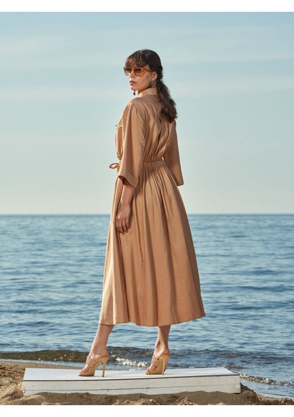 Bej Bol Kesim Keten Gömlek Elbise 93564 fiyatları
