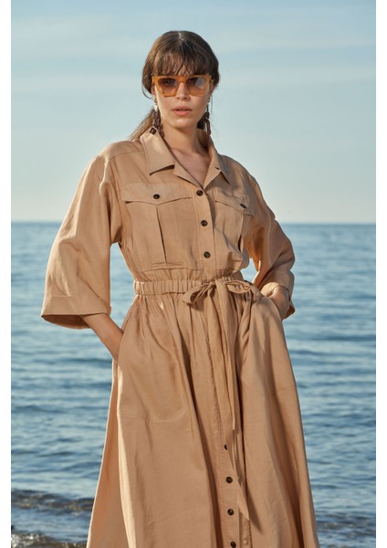 Bej Bol Kesim Keten Gömlek Elbise 93564 modelleri