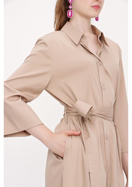 Bej Kemerli Bol Poplin Elbise 93995 modelleri