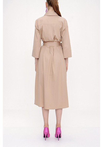 Bej Kemerli Bol Poplin Elbise 93995 fırsatları