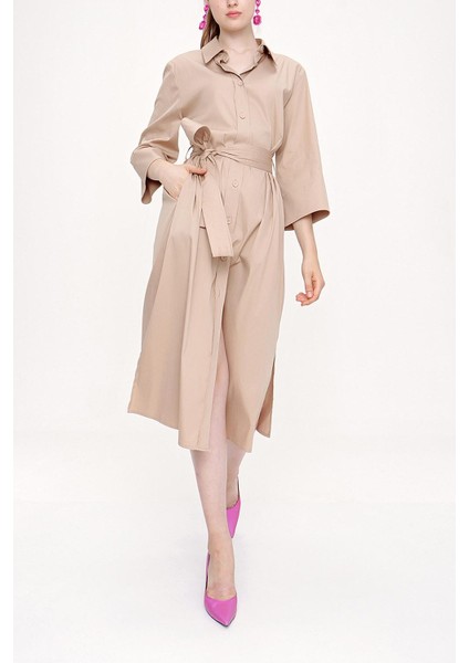 Bej Kemerli Bol Poplin Elbise 93995 indirimleri