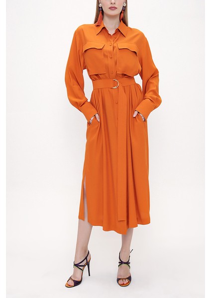 Turuncu Kemerli Bol Kesim Elbise 93827 indirimleri