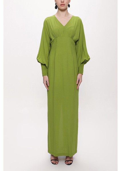 Yeşil Korsiyaj Detaylı V Yaka Uzun Elbise 94163 fiyatları