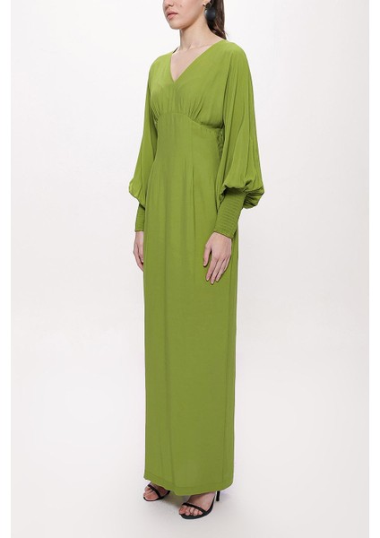 Yeşil Korsiyaj Detaylı V Yaka Uzun Elbise 94163 modelleri