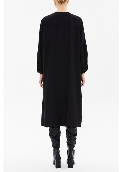 Siyah Yakadan Bağcıklı Midi Elbise 93053 fırsatları