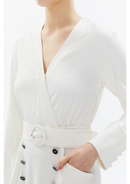 Ekru Anvelop Kapama Kemerli Midi Elbise 93322 modelleri