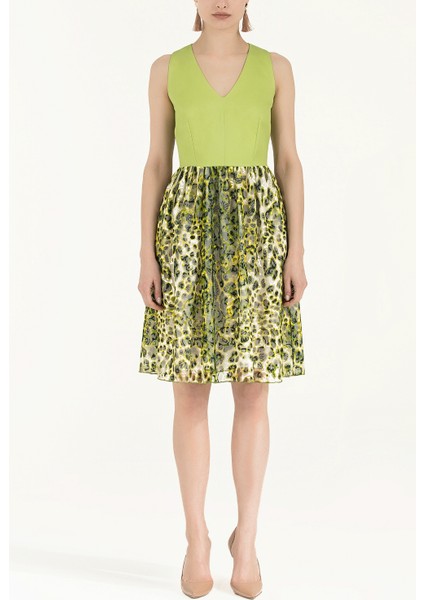 Yeşil Dantelli V Yaka Pamuk Mini Elbise 91843