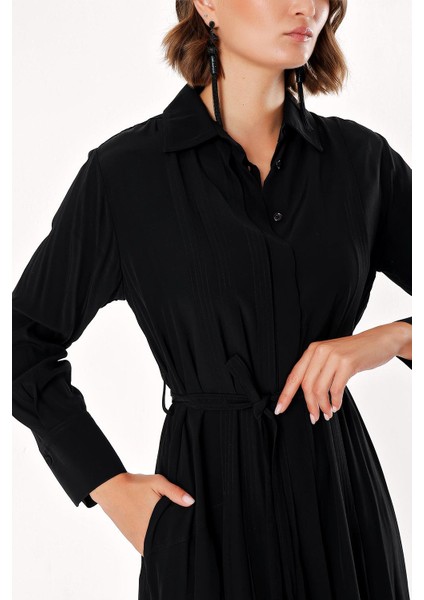 Siyah Bol Kesim Pili Detaylı Gömlek Elbise 93828 indirimleri