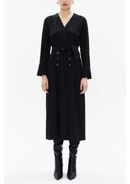 Siyah Anvelop Kapama Kemerli Midi Elbise 93322